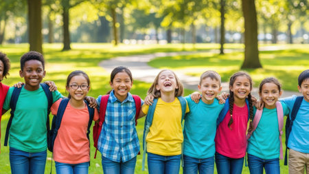 A group of children, all smiling broadly, stand arm in arm, wearing backpacks, in an outdoor setting. The scene is brightly lit with sunlight, featuring a backdrop of trees. The image conveys a sense of unity, happiness, and friendship, potentially suitable for educational or promotional purposes.の素材