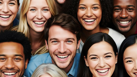A close-up captures a diverse collection of faces, all displaying radiant smiles. The image features a bright and cheerful composition, emphasizing skin tones and expressions. The lighting suggests an indoor setting. This image could be suitable for various commercial uses, including representing community and joy.の素材