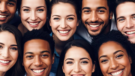 A close-up view depicts a diverse group of individuals, each displaying a bright, genuine smile. The composition features various skin tones and facial structures, suggesting a scene of inclusivity. The image's lighting is soft, enhancing the overall feeling of positivity. Suitable for visual concepts emphasizing community and shared experiences, potentially for commercial purposes.の素材