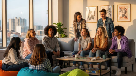 A group of diverse individuals gather in a well-lit indoor setting, engaging in conversation. The scene features natural light, casting warm tones on the people and surroundings. Suitable for editorial use, the image captures a moment of camaraderie and relaxed social interaction. The composition allows copy space for various commercial applications.の素材