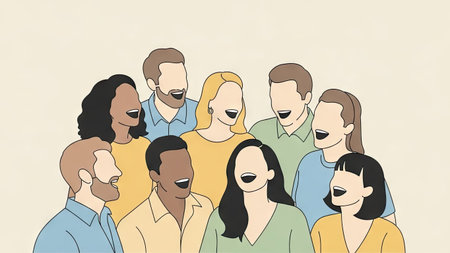 A diverse group of people are depicted laughing, illustrated in a clean, modern style. The artwork features a soft color palette with a focus on stylized human figures. This image could be suitable for various commercial purposes, including marketing and editorial content emphasizing inclusivity and community.の素材