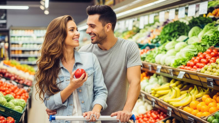 A couple shops for groceries inside a brightly lit store. The scene showcases an assortment of colorful fruits and vegetables. Soft lighting illuminates the subjects as they engage with each other, holding produce. This image is suitable for illustrating themes related to health, shopping, and healthy eating, adaptable for editorial and commercial use.の素材