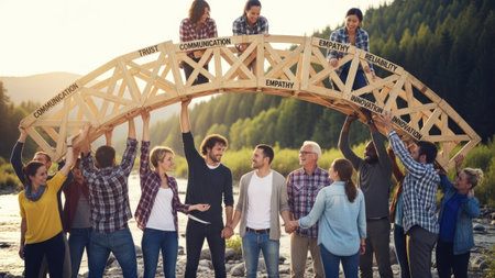 A diverse group of people constructs a wooden bridge outdoors, symbolizing teamwork and partnership. The composition features a bright, natural color palette with focus on textures and interactions. Ideal for illustrating collaboration, strategy, and business concepts, this image is suitable for various commercial uses related to teamwork and communication.の素材