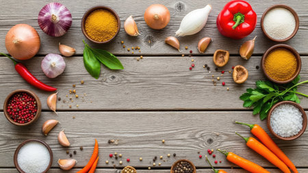 A top-down composition presents a variety of fresh ingredients, including vegetables and spices, artfully arranged. Warm tones dominate, featuring shades of red, yellow, and green, set against a weathered wooden background. The arrangement provides copy space, suitable for food-related projects and visual storytelling, perfect for both commercial and editorial applications.の素材