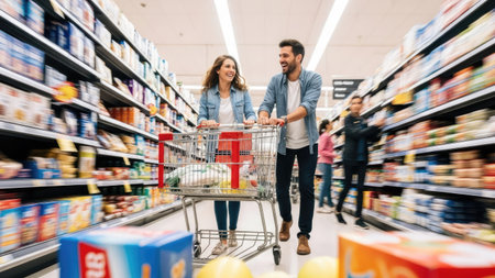 A couple is seen pushing a shopping cart down a supermarket aisle filled with various products. The image showcases a bright environment with overhead lighting, creating a clear visual. The composition suggests potential use for articles about consumerism or retail settings, and commercial applications.の素材