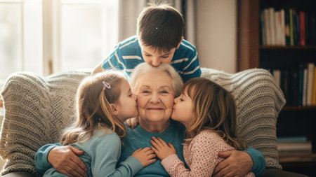 A grandmother is surrounded by her grandchildren, receiving kisses. The image features a warm, inviting indoor setting with natural light illuminating the scene. The composition highlights the bond between generations, with soft colors and textures creating a feeling of comfort. This scene would be suitable for commercial use related to family, love, and connection.の素材