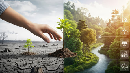 A split image presents an environmental comparison, featuring a hand planting a small tree. The left side depicts a barren, cracked landscape, while the right displays a vibrant forest and river, suggesting growth. The scene uses warm sunlight and artistic composition for potential editorial or commercial use.の素材