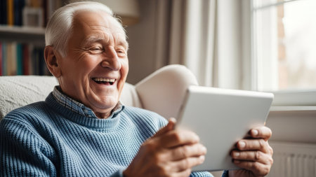 An older man is shown seated and looking at a tablet, his face lit with a smile. The image displays a soft, indoor lighting with the man wearing a light-blue sweater. The background includes elements suggesting a home setting, suitable for illustrating themes related to technology or leisure activities.の素材