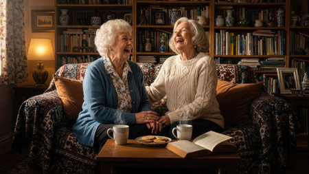 Two older women are seated on a sofa, sharing a laugh in a softly lit interior space. The image displays a warm color palette with textured clothing and a background of books and decor. It suggests themes of companionship, aging, and comfort suitable for editorial and lifestyle contexts.の素材