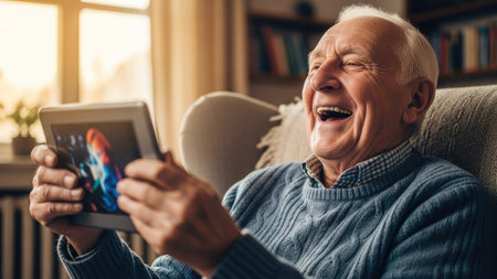 An older man is seen indoors, holding a tablet and laughing. He appears to be engaged with the content on the screen. The image showcases soft lighting and a warm color palette. This scene could be suitable for illustrating technology use, connection, and joy in various commercial and editorial contexts.の素材