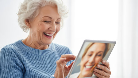 An older woman is smiling while holding a tablet and looking at the screen. The image reveals a video call taking place, with another person visible. The composition emphasizes a close-up view with natural lighting. This image could be used for articles, websites, or promotional materials.の素材