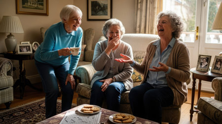Three older women are enjoying a social gathering indoors, likely in a comfortable living room setting. The scene is brightly lit with natural light, highlighting their expressions of joy and connection. The composition suggests a sense of warmth and camaraderie, ideal for editorial content or themes related to senior lifestyle.の素材