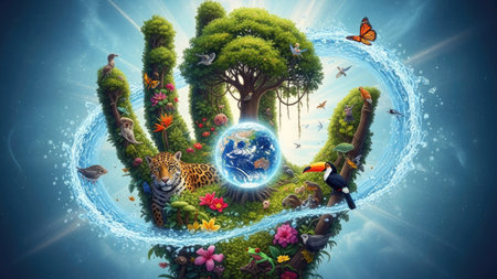 An artistic representation shows a hand formed by nature, cradling the Earth. It features lush greenery, diverse flora, and fauna, with a focus on ecological balance and sustainability. The vibrant composition utilizes vivid colors and soft lighting, suggesting a serene environment suitable for promotional and editorial uses.の素材