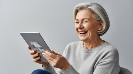 An older woman is shown holding and using a digital tablet, expressing joy through a wide smile. The image displays a neutral background, highlighting the subject with soft lighting and a focus on facial expression. Suitable for commercial applications, the photo could illustrate communication, technology use, or senior lifestyle.の素材