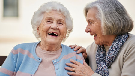 Two senior women are captured in a moment of shared laughter. The image showcases soft lighting and warm tones. The composition focuses on their faces, highlighting expressions of joy and contentment. This scene suggests possibilities for articles about aging, companionship, and lifestyle choices.の素材