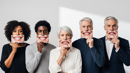 A diverse group of people hold up smiling face masks, creating a visual representation of joy. The image displays a clean, white background, emphasizing the subjects. The composition is well-lit, suggesting a studio setting, suitable for various editorial and commercial applications. The focus is on concepts related to emotion and group dynamics.の素材