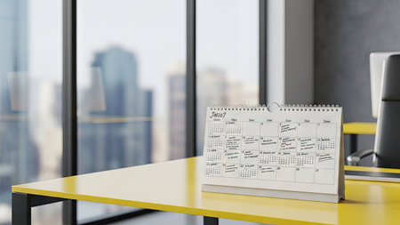 A desk calendar rests on a yellow surface inside a modern office. The calendar is the focal point, indicating a monthly plan. Large windows provide natural light and a blurred city background. This image is suitable for illustrating time management or business planning concepts in various commercial contexts.の素材