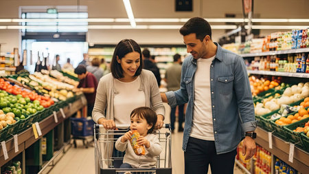 A family is shown shopping at a grocery store. The image displays a mother, father, and child riding in a shopping cart. The scene showcases vibrant colors of fresh fruits and vegetables. The composition is well-lit, suggesting a daytime indoor setting. This image could be used for advertising or editorial content about family, healthy eating, or consumerism.の素材