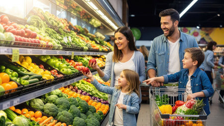 A family is selecting fresh fruits and vegetables in a brightly lit grocery store. The scene showcases a variety of colorful produce arranged on shelves. The composition suggests a focus on health, nutrition, and well-being. Suitable for illustrating healthy eating or family lifestyle themes, in various media.の素材