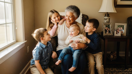 A group of people are gathered indoors during the day. The scene features a senior woman with children. They appear to be enjoying each other's company, possibly in a living room setting, illuminated by natural light. The photograph could be useful for illustrating concepts of family, relationships, and lifestyle.の素材
