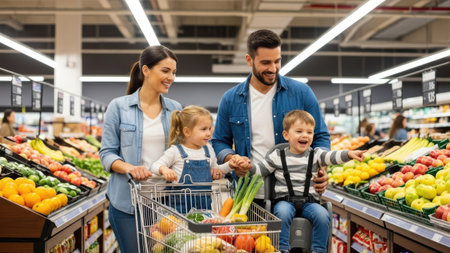 A family of four is seen shopping in a supermarket, choosing fresh fruits and vegetables. The image shows a bright, well-lit environment, with the family smiling and interacting. The composition suggests a feeling of togetherness and healthy lifestyle. Suitable for commercial and editorial applications related to family, food, and shopping.の素材