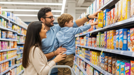 A family is shown shopping in a brightly lit supermarket aisle, browsing and selecting products from shelves. The composition presents a medium shot with a focus on their interaction. The scene likely takes place during the day, with vibrant colors and various product packaging. It is suitable for commercial use.の素材