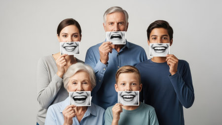 A multigenerational family is shown, each holding a printed smiling face over their mouths. The image features soft lighting and neutral tones, with individuals of varying ages. This setup suggests themes of collective happiness, positivity, and a shared experience, suitable for various editorial or promotional projects.の素材