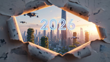 A futuristic city is showcased through a ripped paper, displaying the year 2026. This artistic composition features a high-rise skyline and flying vehicles bathed in sunlight. The torn paper adds texture, framing the vibrant urban scene. This image is suitable for various commercial uses related to technology and the future.の素材