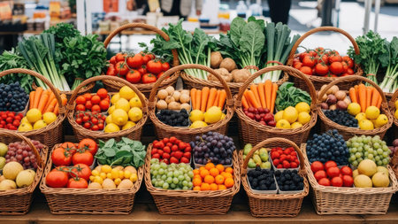 An organized display of various fruits and vegetables in woven baskets showcases a vibrant array of colors and textures. The composition includes tomatoes, carrots, berries, and leafy greens, with overhead lighting. Suitable for illustrating healthy eating, agriculture, or food-related content, the image invites commercial uses.の素材