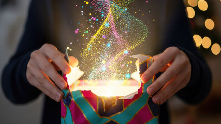 A pair of hands opens a decorated gift box, revealing vibrant light and floating particles. The composition features a shallow depth of field, highlighting the central action against a blurred background. This visual could be useful for illustrating themes of surprise, celebration, and unveiling, suitable for various commercial applications.の素材