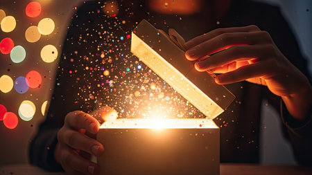 A person's hands are opening a wooden gift box, revealing a burst of bright light and sparkling particles. The composition features soft lighting and bokeh in the background. This image could be used for various commercial and editorial purposes related to celebrations and gifting.の素材