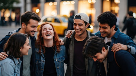 A diverse group of people shares a moment of laughter outdoors. The image shows a candid portrait with soft lighting, highlighting their expressions. The style is naturalistic, suggesting a casual gathering. This image could be suitable for various commercial and editorial applications to represent community and social interaction.の素材