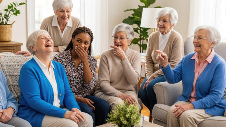 A diverse group of senior women are gathered indoors, laughing and engaging in conversation. The scene features natural lighting and a comfortable, domestic setting, with various colors and textures present. This image is suitable for a variety of editorial and commercial applications. The composition emphasizes inclusivity.の素材