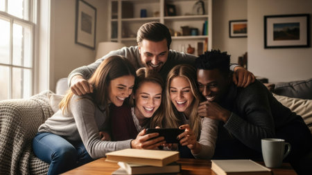 A diverse group of friends is gathered closely together indoors, all looking at a smartphone. The scene is illuminated by soft, natural light, with a warm color palette suggesting a cozy atmosphere. The composition includes people, books, and household items. Suitable for a variety of commercial and editorial uses.の素材