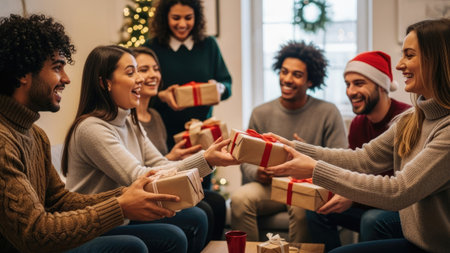 A diverse group of friends gathers indoors, engaging in a gift exchange. The scene features people holding and passing wrapped presents, set against a backdrop of soft lighting. Warm tones and natural light create a cozy atmosphere. The image could be suitable for commercial use in holiday-themed projects.の素材