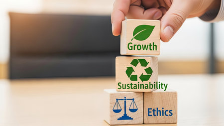 A hand carefully stacks wooden blocks bearing symbols and words. The blocks feature a leaf for growth, a recycling symbol for sustainability, and scales for ethics. The composition, lit by overhead lighting, suggests an indoor setting. This image is suitable for various commercial uses related to business, environment, and social responsibility.の素材