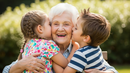 An elderly woman is embraced by two young children, expressing affection. The scene displays a moment of family bonding with soft lighting. The image suggests a daytime setting, with a shallow depth of field, suitable for family-related themes and content.の素材