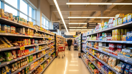 An interior shot depicts a grocery store with rows of shelves stocked with various packaged goods. The composition features overhead lighting and a wide angle. It could be suitable for commercial use in advertising or editorial content related to retail, shopping, or consumerism.の素材