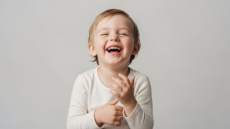 A young child is shown laughing with closed eyes, captured in a studio setting against a plain white backdrop. The image displays the child's joyful expression, with soft lighting enhancing the gentle textures of their skin and clothing. Suitable for diverse applications, including advertising, editorial content, and educational materials.の素材