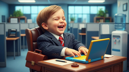 A young child wearing a suit is seated at a desk, appearing to work on a laptop computer. The image displays a bright indoor office setting with cubicles, water cooler and soft lighting. The scene captures a moment of happiness. Suitable for business and conceptual usage.の素材