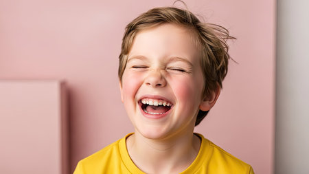 A young child is shown laughing with eyes shut, wearing a yellow shirt against a pink background. The close-up emphasizes facial expressions, with bright skin tones and a focus on joy. The composition is straightforward, suitable for various applications, including advertising and editorial content.の素材