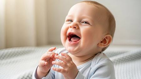 A close-up captures a smiling baby in soft focus, likely indoors near a window. The subject is laughing with their mouth open and hands raised, suggesting happiness. The scene has warm sunlight creating a gentle atmosphere. This image is suited for various commercial or editorial uses, such as illustrating joy or childhood.の素材
