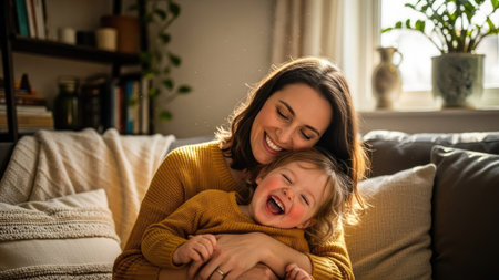 A woman and a young child are captured in a moment of laughter and affection within a home setting. The image displays warm tones, soft textures, and natural lighting, suggesting a comforting indoor environment. This image could be suitable for illustrating themes related to family, happiness, or lifestyle for various commercial and editorial applications.の素材