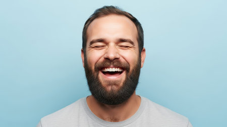 A close-up portrait shows a man with closed eyes, exhibiting a wide smile against a light blue backdrop. The image displays a man with dark hair, a beard, and a neutral-colored shirt. This image is suitable for various commercial uses, including advertising and editorial content.の素材