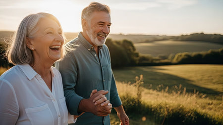 An elderly couple is walking and laughing in a sunlit field, enjoying the day. The image features warm colors and soft lighting, enhancing the feeling of joy. The style suggests a natural setting. Suitable for various uses illustrating themes of happiness and lifestyle.の素材