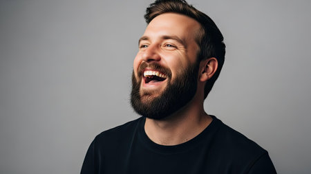 A man with a beard is captured mid-laugh against a neutral gray background. The image features a close-up shot of his face, highlighting his genuine expression of joy. The lighting is soft and even, enhancing the visual clarity and potentially suitable for various commercial or editorial applications.の素材