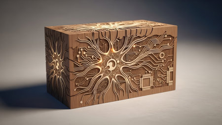 A wooden box is presented featuring an elaborate design of digital circuitry carved into its surface. The artwork's golden lines contrast the brown wood, hinting at technology's integration with nature. The composition suggests potential applications in design, illustration, and conceptual projects. The neutral backdrop highlights the subject.の素材