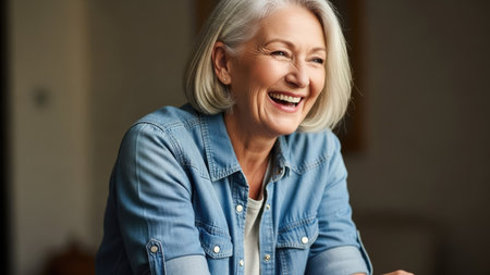 An older woman smiles broadly, her face lit by natural light. She wears a casual denim shirt against a soft, blurred background. The image showcases a feeling of happiness and contentment. Suitable for illustrating themes of aging, well-being, or lifestyle in various editorial and commercial contexts.の素材