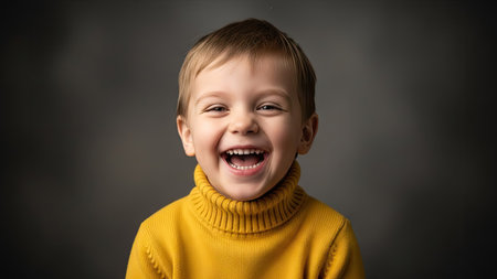 A smiling child with blonde hair and a yellow turtleneck is captured in a studio setting against a dark blurred background. The image highlights a close-up of the child's face, displaying a wide smile and open mouth. Suitable for various commercial uses, including advertising and editorial content.の素材