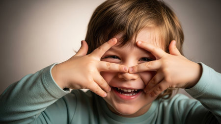 A young child is shown smiling with hands covering their eyes, fingers spread. The image has a soft focus on the child, with warm tones, and a neutral background. This portrait suggests concepts like happiness, joy, and playfulness, suitable for various editorial and commercial projects.の素材